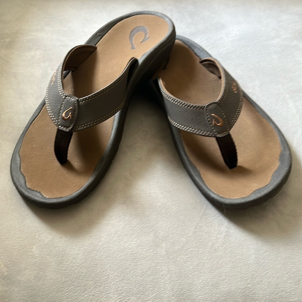 OluKai Tan and Dark Gray Flip-Flops